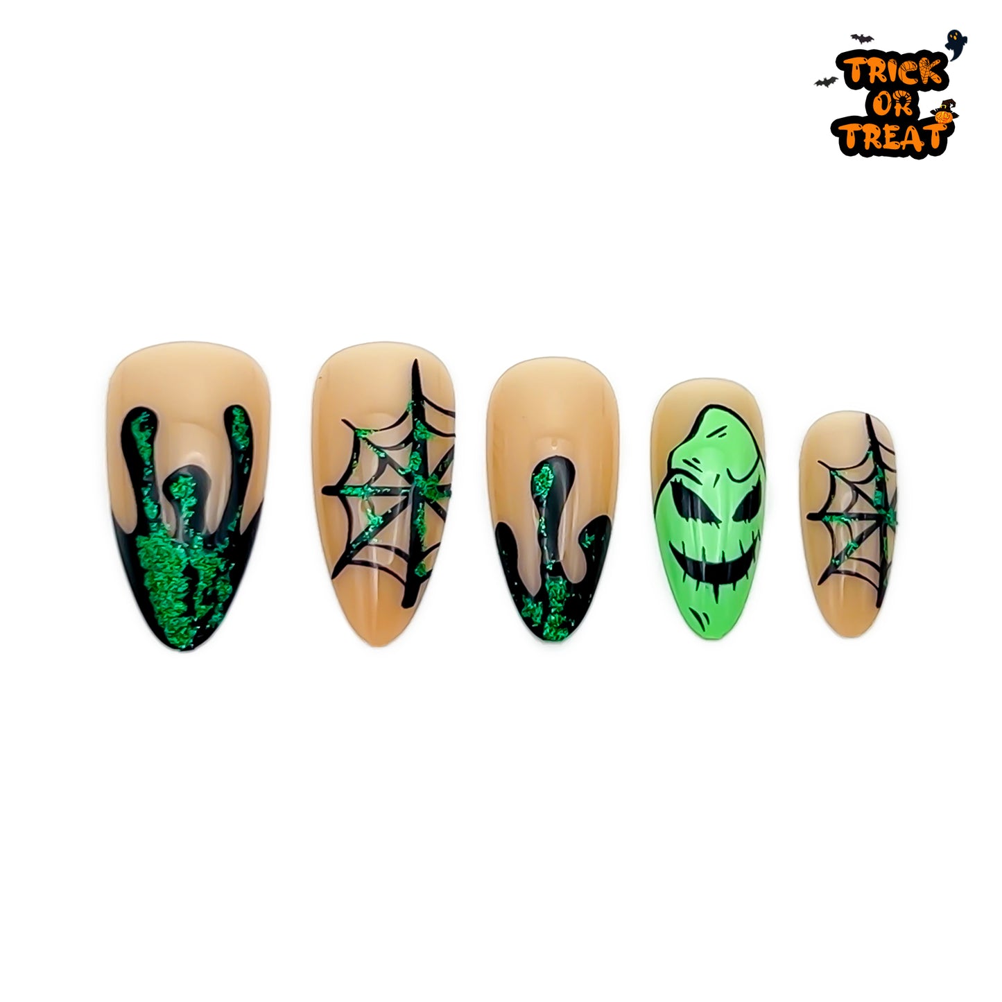 Glitter Green Spider-Almond Nails