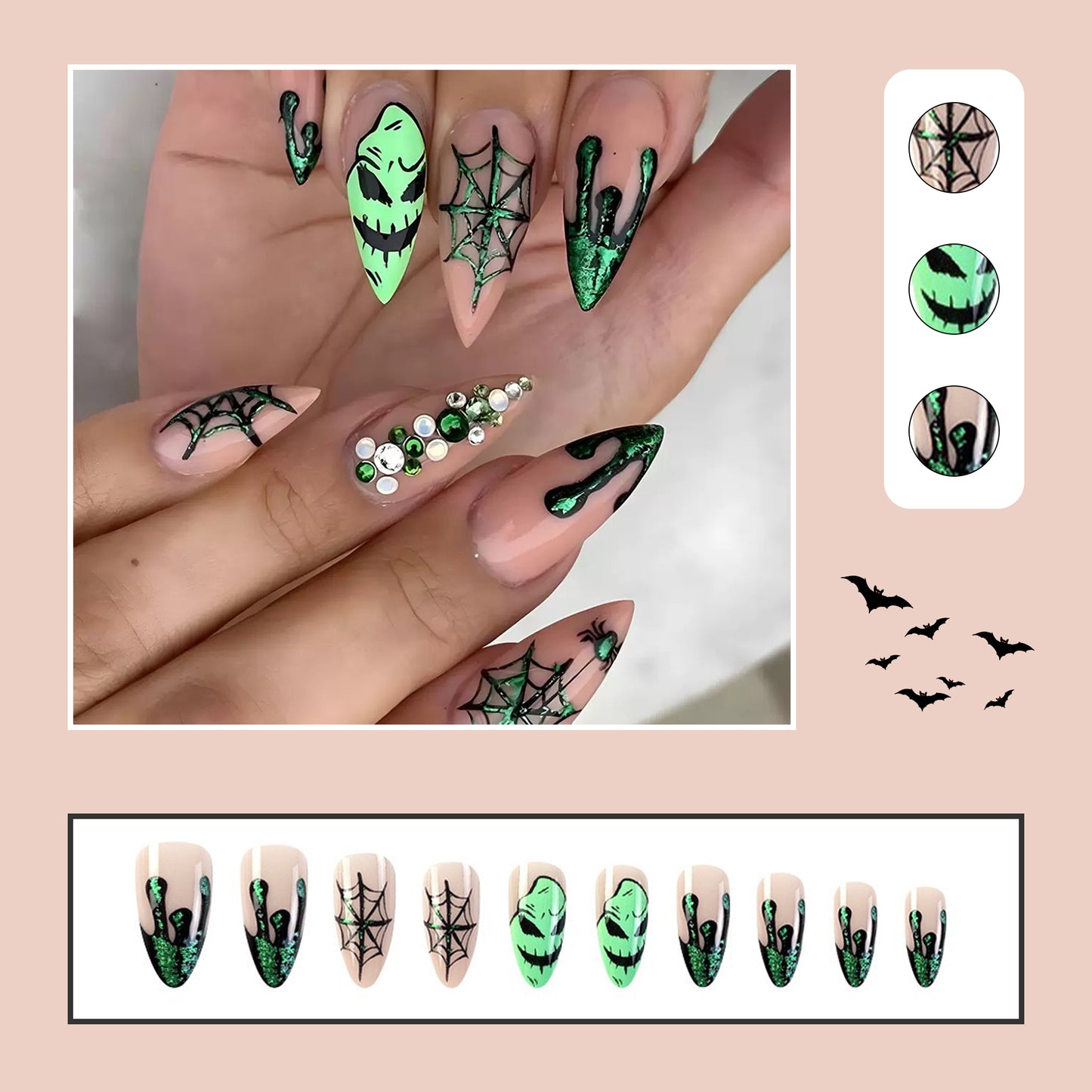 Glitter Green Spider-Almond Nails
