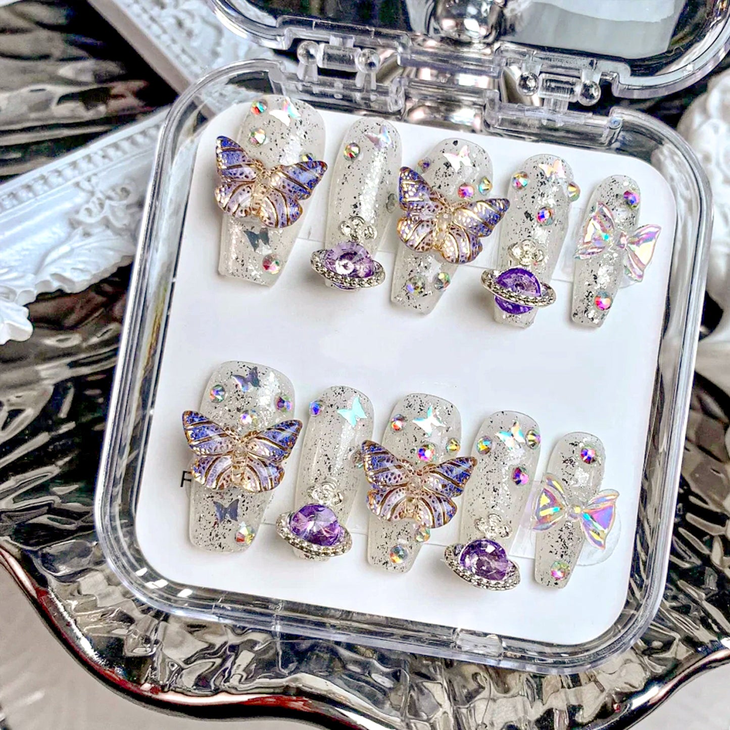 Handmade|Opulent Galactic Butterflies-Coffin Nails