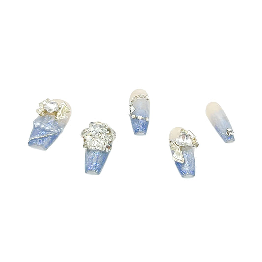 Handmade|Azure Butterfly Elegance-Coffin Nails
