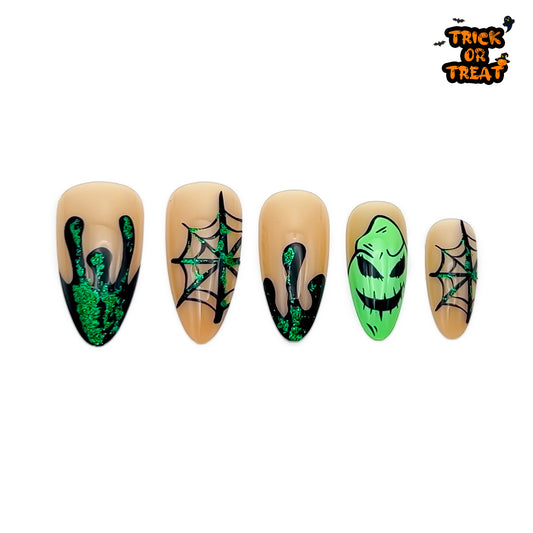Glitter Green Spider-Almond Nails