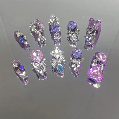 Handmade|Dazzling Purple Diamond-Coffin Nails